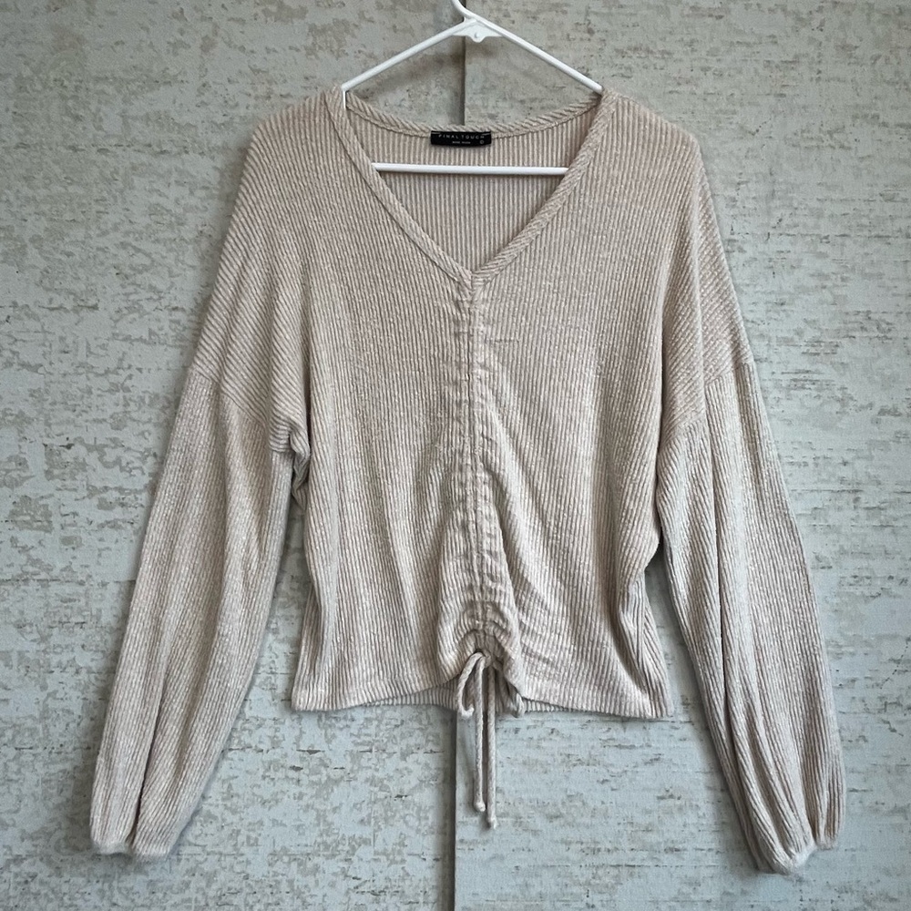 Final Touch Oatmeal Knit Top Sz Large Ruched Front w/ Cinch Tie Stretchy Boho